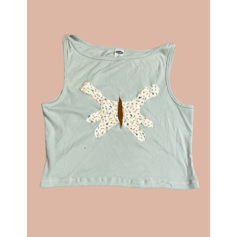 XL Upcycled Cropped Blue Tank Top | Boho Indie Maximalist Reworked and Recycled